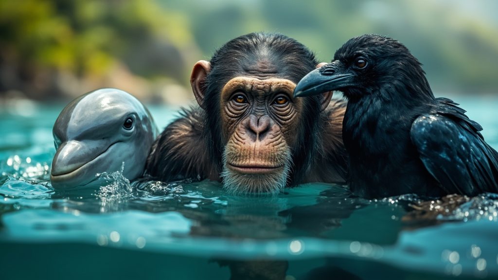 Les trois animaux les plus intelligents : chimpanzé, dauphin, corbeau